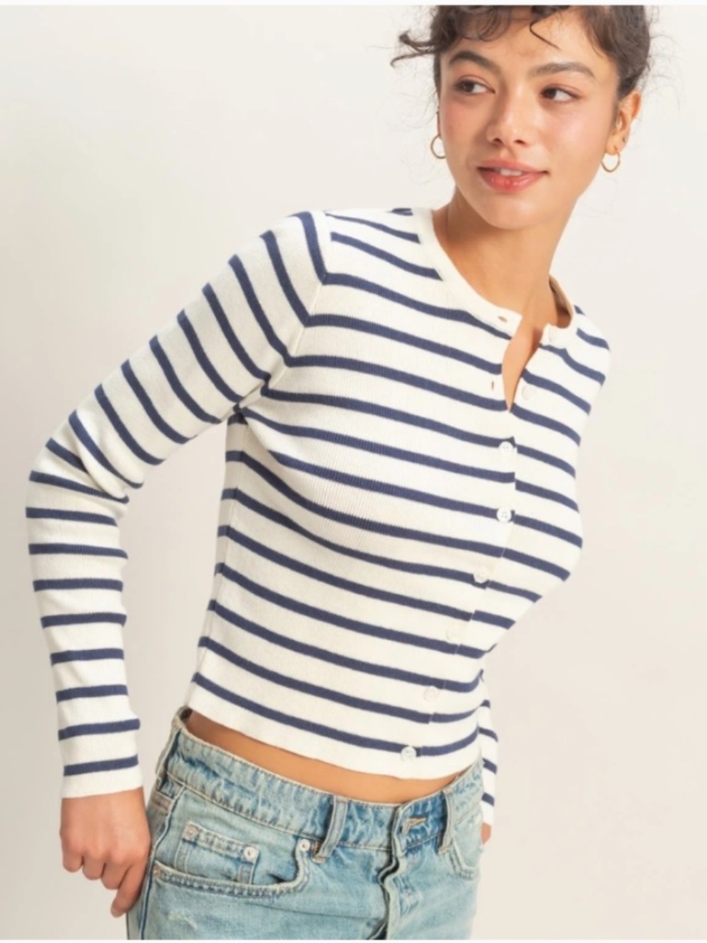 NEW Double Zero Navy Striped Button Cardigan Large Ribbed Knit Fitted Sweater